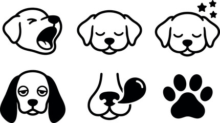 Fototapeta premium Minimalist icon set of six dog face paw print expressions including yawning sleeping sniffing tongue out dreamy stars vector icons