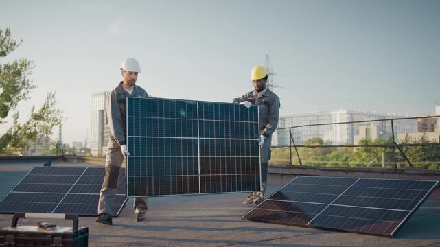 Two workers in helmets and uniforms installing solar panel on rooftop. Team setting up renewable energy system under sunlight. Urban environment with city buildings. Environmental sustainability
