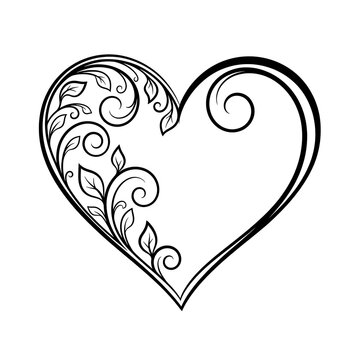 Black and white heart with floral design isolated on white background