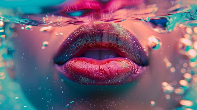 A close-up of a beautiful woman&rsquo;s mouth underwater, symbolizing peace and serenity.