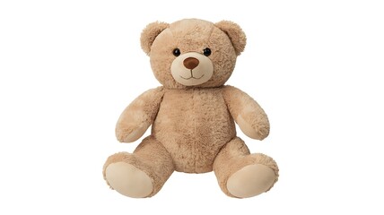 Fototapeta premium A fluffy light brown teddy bear sits attentively with a friendly expression isolated on transparent background