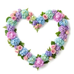 Naklejka premium Heart shaped floral arrangement with pink roses and hydrangeas isolated on white background