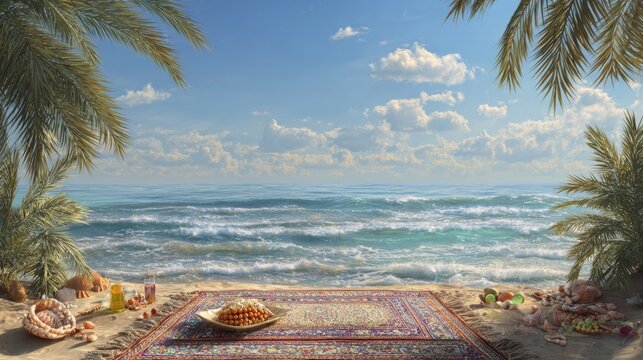beach Eid gathering with prayer mats on sand seashell prayer bead bracelets and date palms framing ocean horizon, hyper-detailed ultra-realistic stock photography,