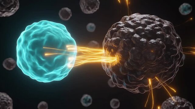 Abstract scientific visualization of a blue cell emitting light beams towards a dark, textured sphere