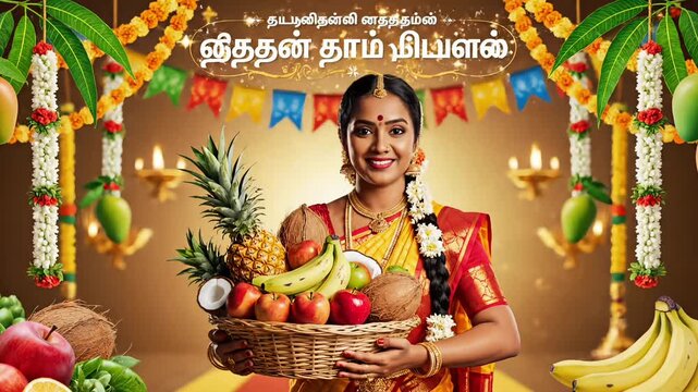 Traditional woman holding fruit basket during tamil new year celebration with mango leaves garland festive decoration symbol of prosperity culture harvest happiness