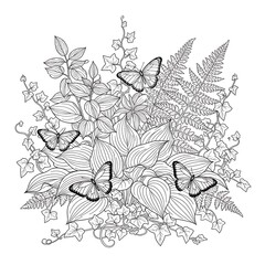 Fototapeta premium Black and white illustration of butterflies and flowers isolated on white background
