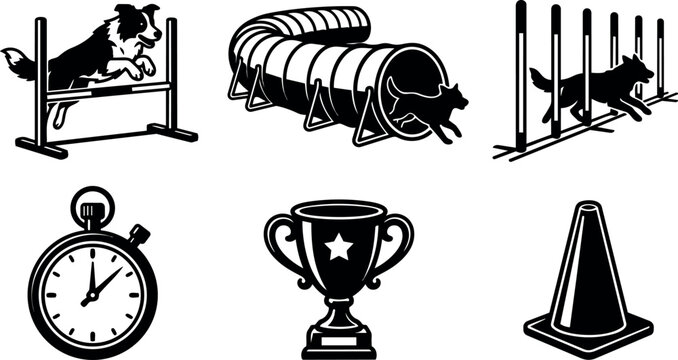 Vector flat dog agility icons border collie jumping tunnel weave poles stopwatch trophy cone set for sport branding black white