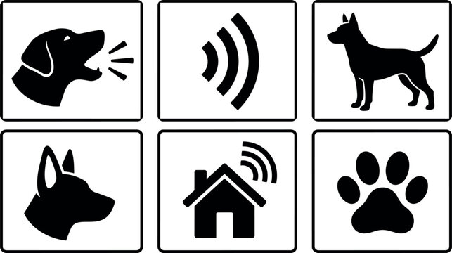 Minimalist vector icon set of barking dog paw house signal symbols in six framed panels black silhouette side view profile