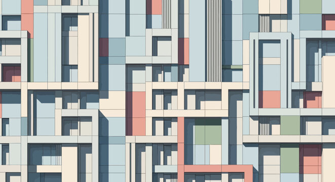 Abstract geometric art composition with architectural elements and pastel colors