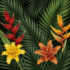 Fototapeta premium line art, exotic flower and palm leaf illustration for tropical frames