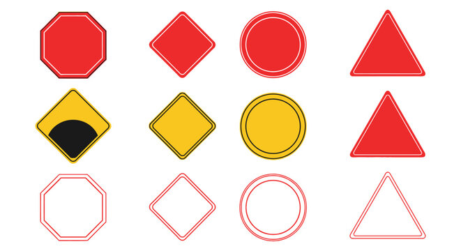 Collection of blank vector traffic sign shapes including octagons diamonds circles and triangles