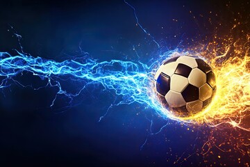 Fototapeta premium A soccer ball flies at lightning speed, creating magical effects. Banner. On a dark background.