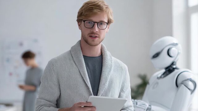 Innovative discussion on ai technology with interactive robot in modern workspace