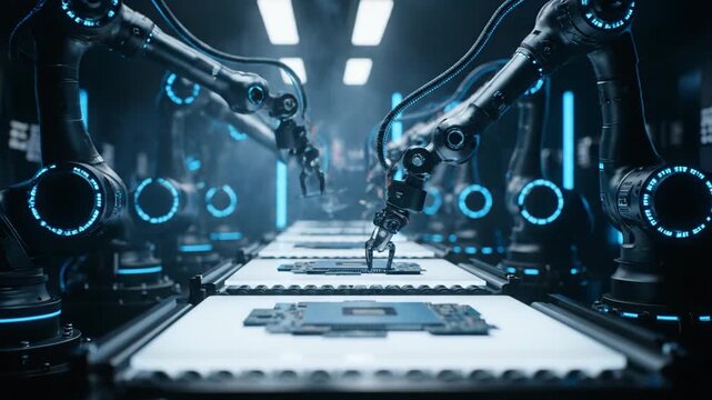 Robotic arms assembling circuit boards in a futuristic factory setting.