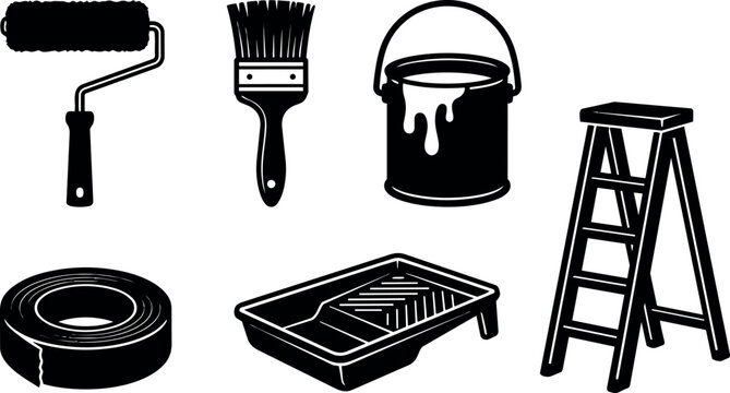 Flat design painter tools set showing paint roller paint brush paint can tray tape ladder close up top view