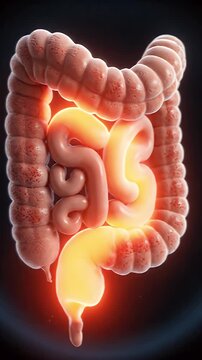 Detailed CGI animation of intestinal inflammation spreading through the digestive tract highlighting red inflamed areas on a dark medical background suitable for educational presentations