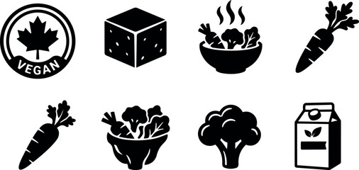 Naklejka premium Flat icon vector set eight vegan vegetable symbols including maple vegan seal tofu cube salad bowl carrot broccoli plant milk