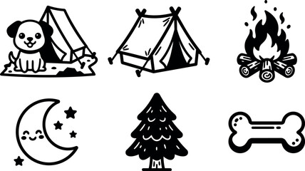 Obraz premium Flat line art camping icon set showing smiling puppy by tent campfire crescent moon pine tree and dog bone illustration