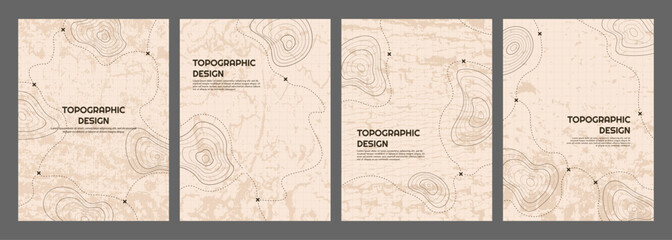 Vector illustration. Vintage topographic map posters. Retro style line patterns, navigation pin markers, and dashed trail routes on a textured beige paper background. Design for magazine or book cover © VVadi4ka