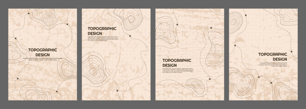 Vector illustration. Vintage topographic map posters. Retro style line patterns, navigation pin markers, and dashed trail routes on a textured beige paper background. Design for magazine or book cover
