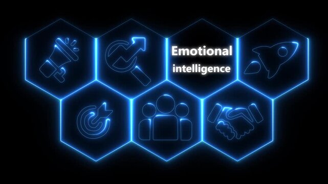 Futuristic neon glowing button showing &ldquo; Emotional intelligence &rdquo; on a high-tech computer screen. Abstract technology background with digital interface elements.