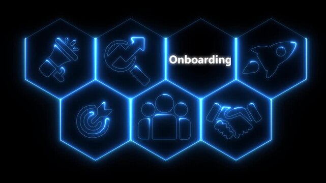 Futuristic neon glowing button showing &ldquo; Onboarding &rdquo; on a high-tech computer screen. Abstract technology background with digital interface elements.