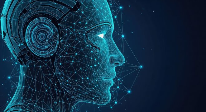 A futuristic robotic head with glowing circuits and wires is depicted in a digital illustration against a dark background.