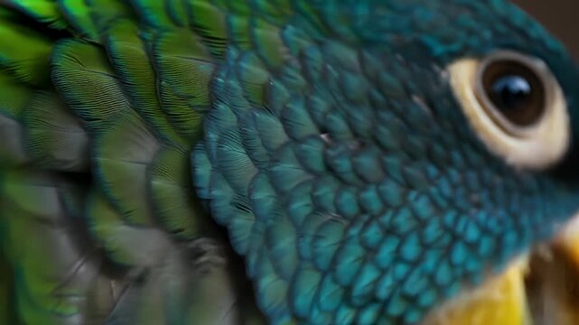 Close-up photo of bird's vibrant feathers and eye, blending blues, greens, and yellows