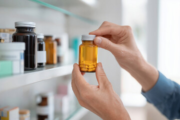 Fototapeta premium Pharmacist's hands holding an amber glass bottle with yellow capsules in a pharmacy. Concept of choosing medication, vitamins, food supplements, and professional healthcare consulting.