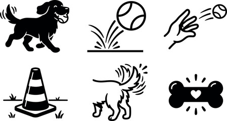 Fototapeta premium Flat line dog icons showing golden retriever running fetching ball tail wagging cone and bone in playful minimal vector black