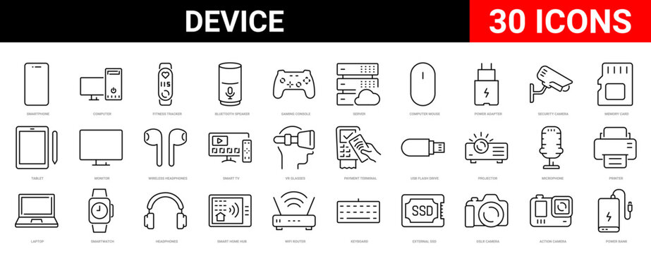 Device web line icons. Phone, tablet, laptop, startup, tv, dron, robot, game controler, vr, headphones, projector, collection. Vector illustration.