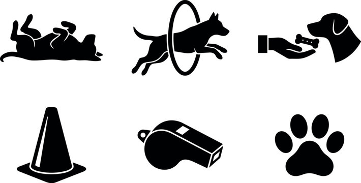 Flat design silhouette dog training icon set showing rolling dog jumping through hoop owner feeding treat whistle cone paw print