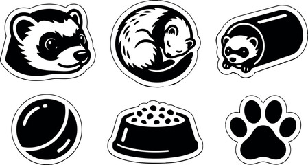 Flat design playful ferret sticker pack close up head sleeping curled ferret tube toy bowl paw simple black and white