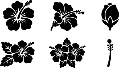 Obraz premium Flat design close up hibiscus icon set six black floral silhouettes isolated on white background bold minimalist vector graphic collection