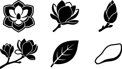Naklejka premium Flat design magnolia flower icon set six black silhouette elements including open blossom bud branch leaf and petal closeup vector