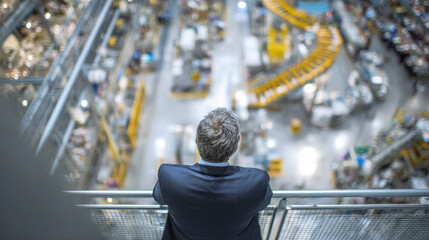 Business executive overlooking automated manufacturing facility, industrial leadership concept featuring factory production, modern engineering operations, innovation, strategy and industry management