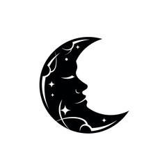 Naklejka premium Crescent Moon with Face and Stars.