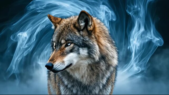 A fierce wolf with swirling blue smoke in a mystical atmosphere.