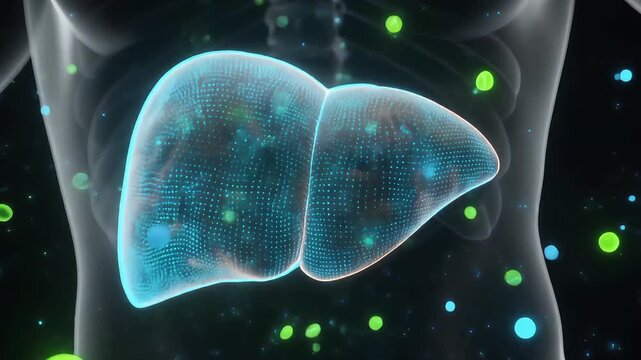 Medical illustration of a healthy liver with glowing particles representing vitality and wellness
