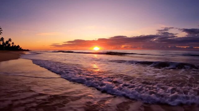 Ocean waves gently lap a sandy shore during a vibrant sunset