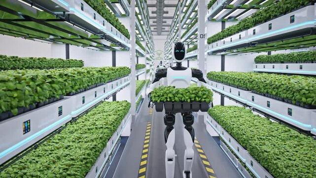 AI-powered humanoid robot walking in a fully automated greenhouse carrying a tray with plants. Smart farming and AI robotics concept. Future sustainable agriculture technology. 3d animation rendering