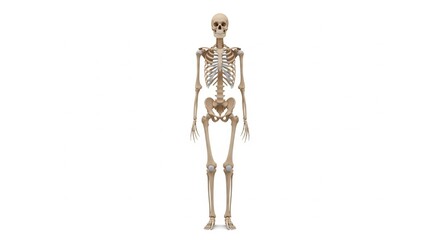 Anatomical human skeleton illustration on white background, full body view