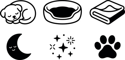 Naklejka premium Flat design close up sleeping puppy icon curled up with pet bed blanket moon stars and paw print collection