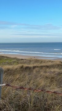 Holland landscape, vertical 4K video of serene coastal scene of waves of the North Sea water with moving dune grass outdoor at daytime during springtime season in Noordwijk aan Zee in The Netherlands 