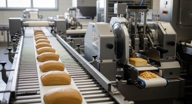 Bread loaves travel down a production line, processed by automated machinery