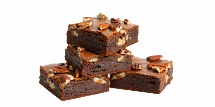 Stack of chocolate brownies with nuts on white background