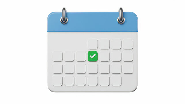 3D calendar with blue header and single green checkmark