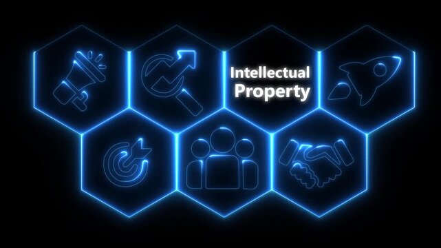 Animated neon Intellectual property icons representing business concepts against technology a black background