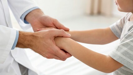 Obraz premium A doctor gently holds a child's arm during a medical examination in a bright clinical setting.
