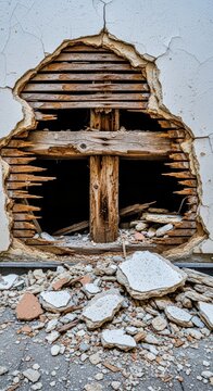 A close-up shot of heavy structural damage where old plaster and lath has fallen from a decaying ceiling, showing wood framing and debris below, property damage, dust, structural failure